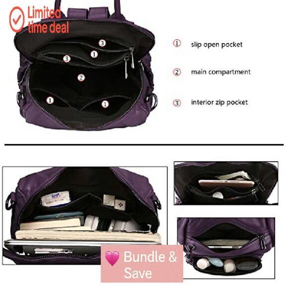 Convertible Vegan Leather Backpack Purse with Tassel, 10 Pockets, Laptop - Picture 6 of 8